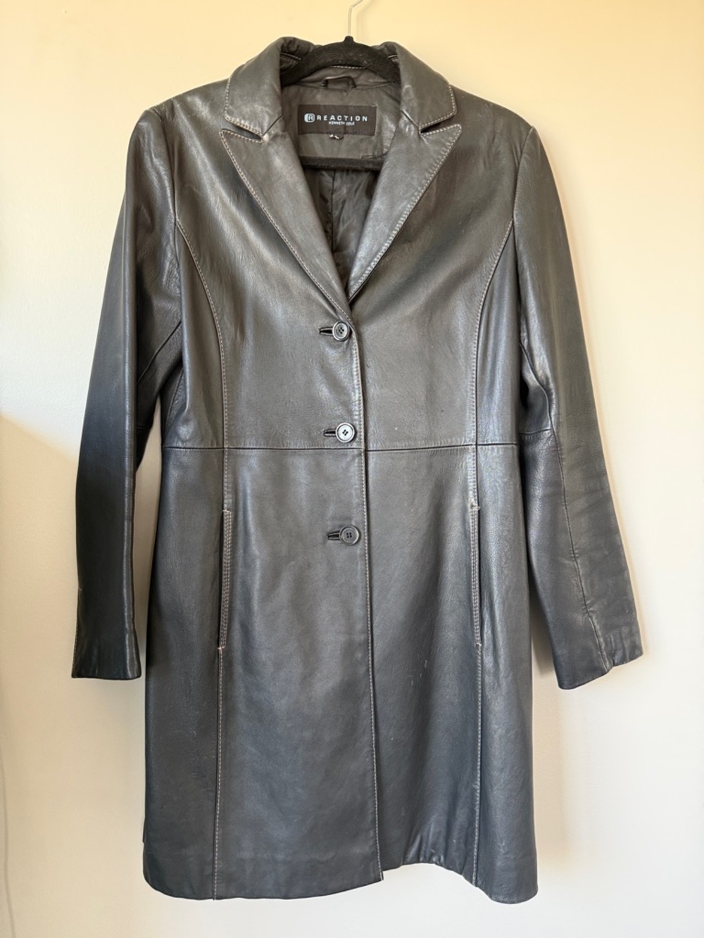 Vintage Kenneth Cole Reaction Black Leather Single-Breasted Coat